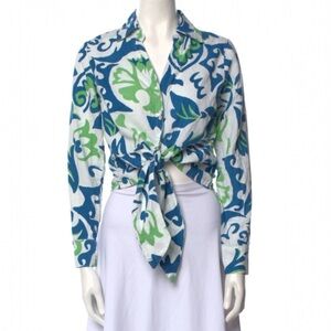 Christian Siriano Linen Blend Abstract Print Festival Beachy Tie Front Top M